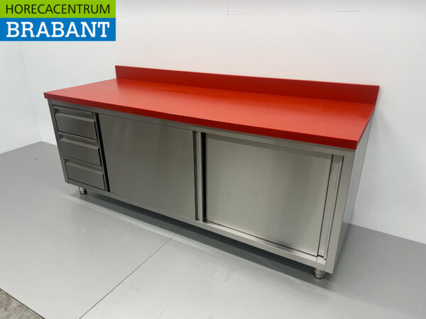 Acier inoxydable Polyéthylène PE Armoire de travail Table de découpe Premium-line 2 portes coulissantes 3 tiroirs 200 cm Restauration Boucherie – Image 2