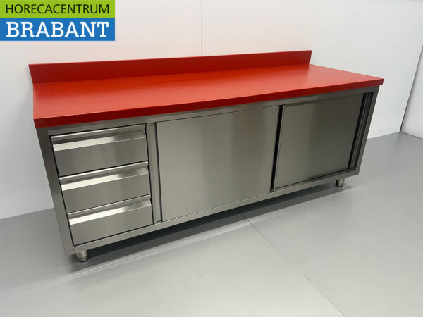 Acier inoxydable Polyéthylène PE Armoire de travail Table de découpe Premium-line 2 portes coulissantes 3 tiroirs 200 cm Restauration Boucherie – Image 3