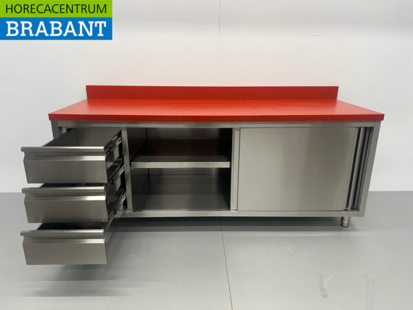 Acier inoxydable Polyéthylène PE Armoire de travail Table de découpe Premium-line 2 portes coulissantes 3 tiroirs 200 cm Restauration Boucherie – Image 4