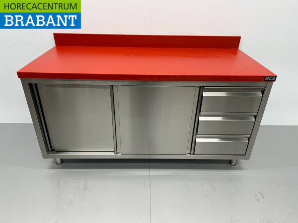 HCB Acier inoxydable Polyéthylène PE Armoire Table à découper Premium-line 2 portes coulissantes 3 tiroirs 160 cm Restauration Boucherie