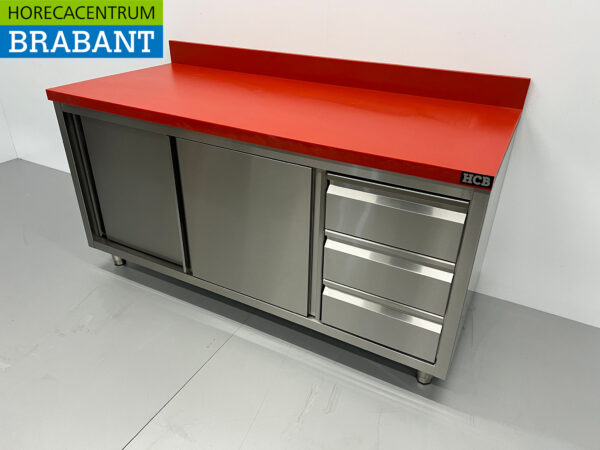 HCB Acier inoxydable Polyéthylène PE Armoire Table à découper Premium-line 2 portes coulissantes 3 tiroirs 160 cm Restauration Boucherie – Image 2