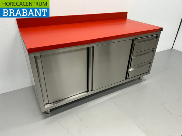HCB Acier inoxydable Polyéthylène PE Armoire Table à découper Premium-line 2 portes coulissantes 3 tiroirs 160 cm Restauration Boucherie – Image 3