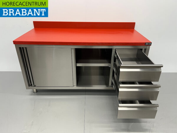 HCB Acier inoxydable Polyéthylène PE Armoire Table à découper Premium-line 2 portes coulissantes 3 tiroirs 160 cm Restauration Boucherie – Image 5
