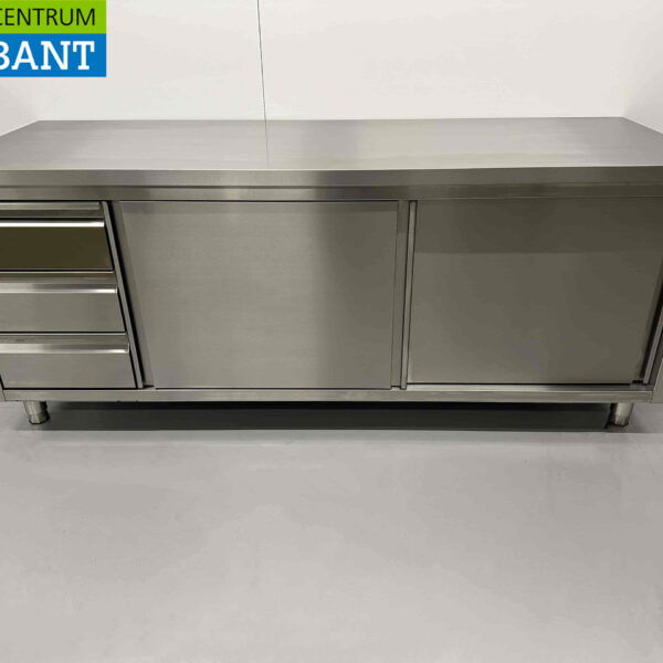 Armoire Premium-line en acier inoxydable Table de travail 2 portes coulissantes et 3 tiroirs 200 cm Restauration