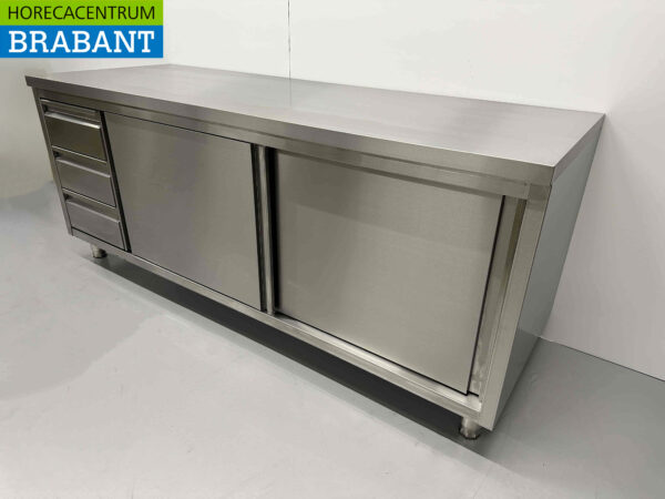Armoire Premium-line en acier inoxydable Table de travail 2 portes coulissantes et 3 tiroirs 200 cm Restauration – Image 4
