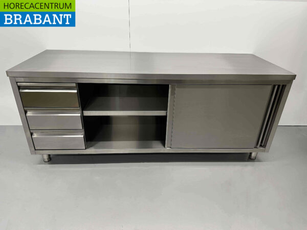 Armoire Premium-line en acier inoxydable Table de travail 2 portes coulissantes et 3 tiroirs 200 cm Restauration – Image 5