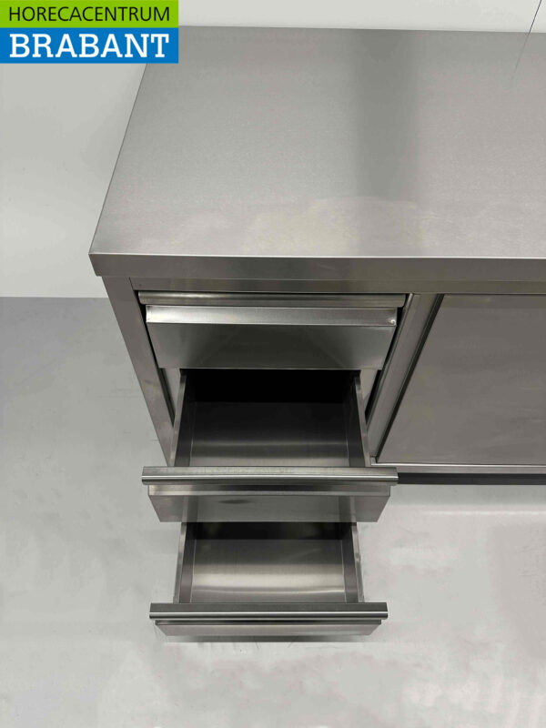 Armoire Premium-line en acier inoxydable Table de travail 2 portes coulissantes et 3 tiroirs 200 cm Restauration – Image 6