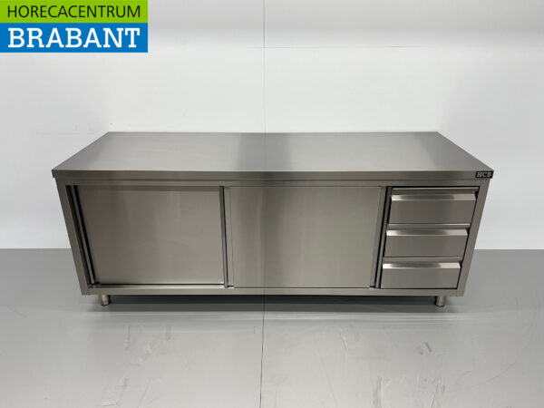 Armoire Premium-line en acier inoxydable Table de travail 2 portes coulissantes et 3 tiroirs 200 cm Restauration