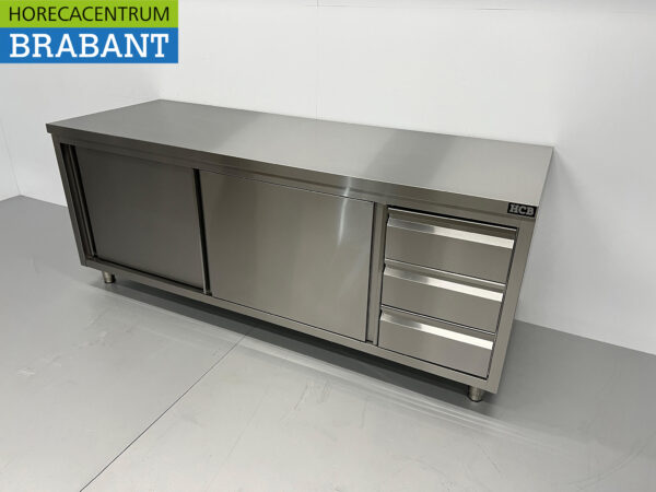 Armoire Premium-line en acier inoxydable Table de travail 2 portes coulissantes et 3 tiroirs 200 cm Restauration – Image 2
