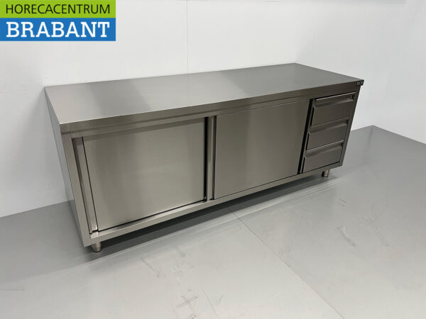 Armoire Premium-line en acier inoxydable Table de travail 2 portes coulissantes et 3 tiroirs 200 cm Restauration – Image 3