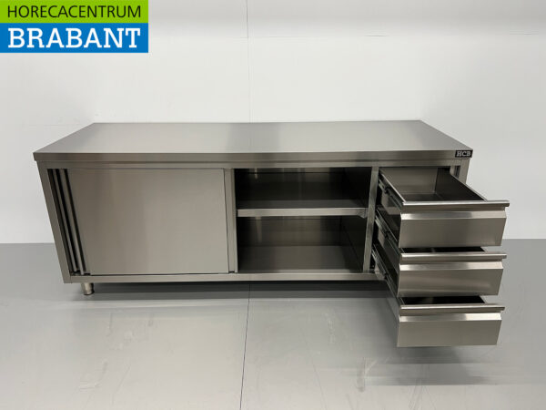 Armoire Premium-line en acier inoxydable Table de travail 2 portes coulissantes et 3 tiroirs 200 cm Restauration – Image 4
