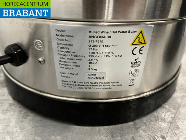 Bouilloire Saro en acier inoxydable 27 litres 230V Horeca – Image 5