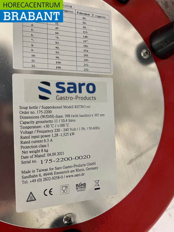 Saro Retro Bouilloire Rouge 11 litres 230V Restauration – Image 6