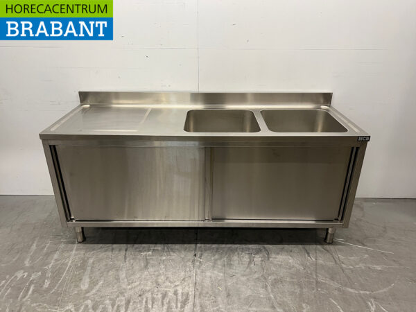 Table d'évier en acier inoxydable Double évier 2 portes coulissantes 200 cm 230V Horeca
