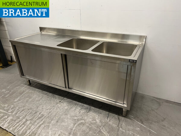 Table d'évier en acier inoxydable Double évier 2 portes coulissantes 200 cm 230V Horeca – Image 2