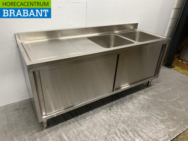 Table d'évier en acier inoxydable Double évier 2 portes coulissantes 200 cm 230V Horeca – Image 3
