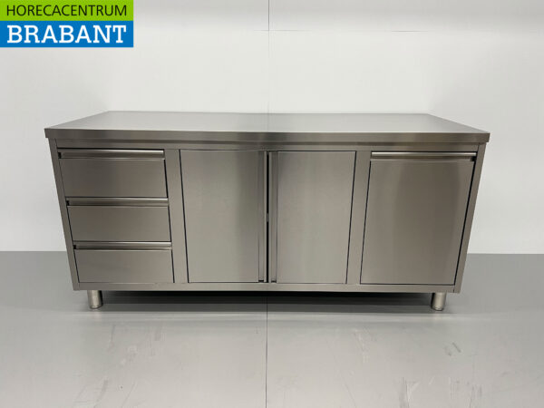 HCB inox Armoire de travail Table de travail 2 portes pliantes et 3 tiroirs et poubelle 180 cm Horeca