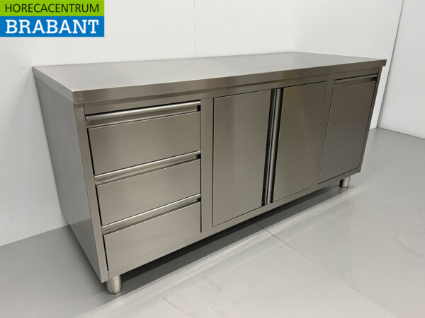 HCB inox Armoire de travail Table de travail 2 portes pliantes et 3 tiroirs et poubelle 180 cm Horeca – Image 3