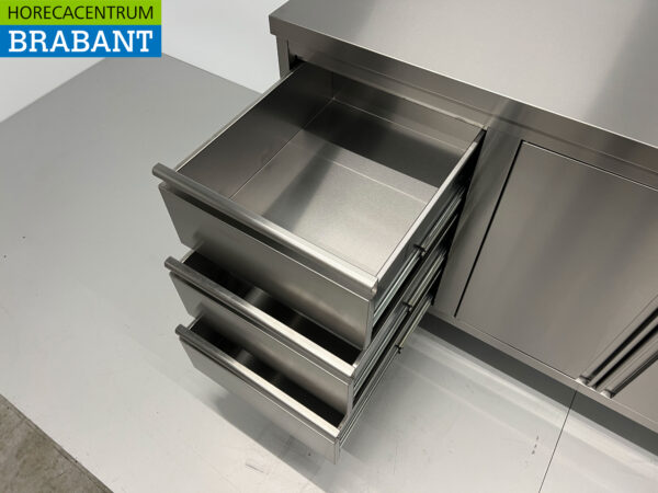 HCB inox Armoire de travail Table de travail 2 portes pliantes et 3 tiroirs et poubelle 180 cm Horeca – Image 4