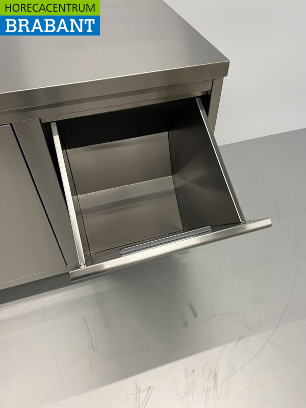 HCB inox Armoire de travail Table de travail 2 portes pliantes et 3 tiroirs et poubelle 180 cm Horeca – Image 6