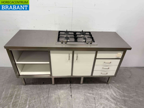 Armoire de travail en acier inoxydable avec réchaud 4 feux avec portes et tiroirs Trespa 180 cm Horeca