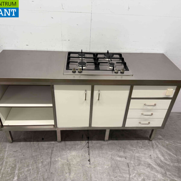 Armoire de travail en acier inoxydable avec réchaud 4 feux avec portes et tiroirs Trespa 180 cm Horeca