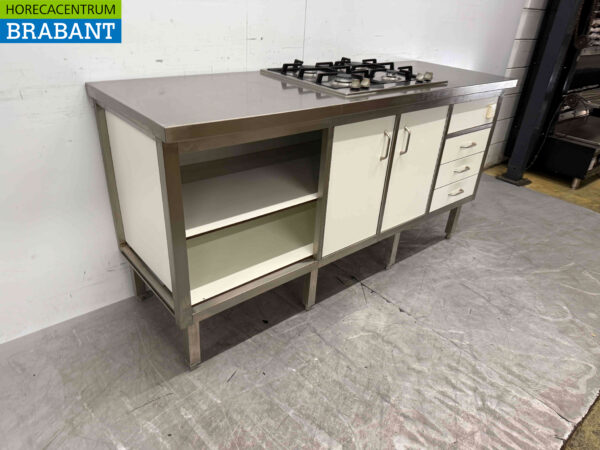 Armoire de travail en acier inoxydable avec réchaud 4 feux avec portes et tiroirs Trespa 180 cm Horeca – Image 3