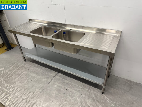 Table de rinçage Vogue en acier inoxydable Double évier 210 cm Restauration – Image 2
