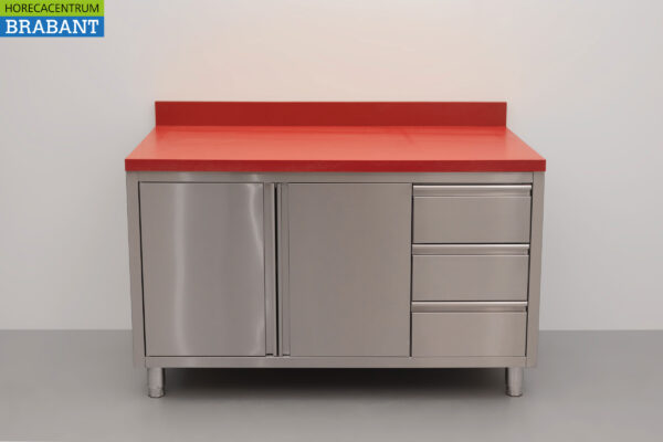 HCB Acier inoxydable Polyéthylène PE Armoire Armoire Table à découper 2 portes battantes 3 tiroirs 140 cm Restauration Boucherie