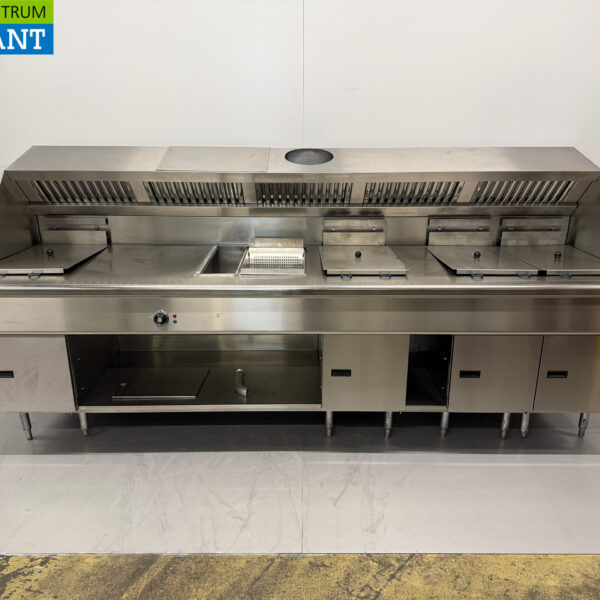 RVS Pitco SE14S Solstice Mur de cuisson 4x Friteuse et bain marie/réchaud avec hotte 400V + 230V Horeca Cafétéria