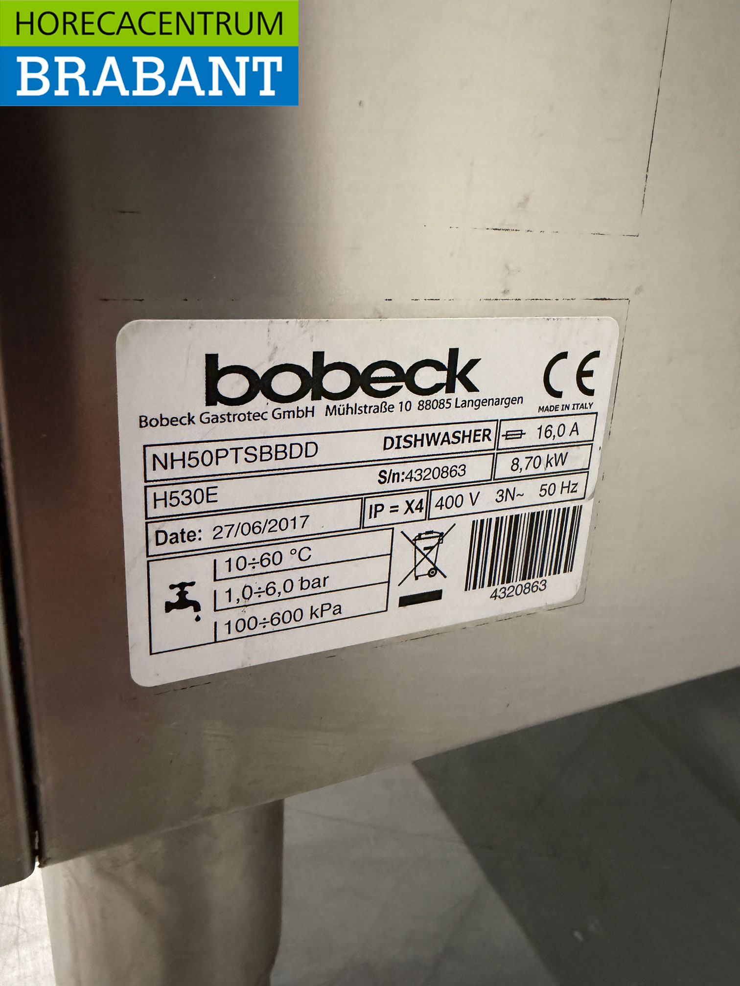 Lave-vaisselle à passage Bobeck H530E en acier inoxydable avec pompe de vidange 400V Horeca – Image 6