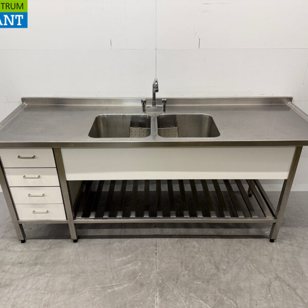 Table de rinçage en acier inoxydable Double évier avec robinet 215 x 70 x 90 cm Restauration