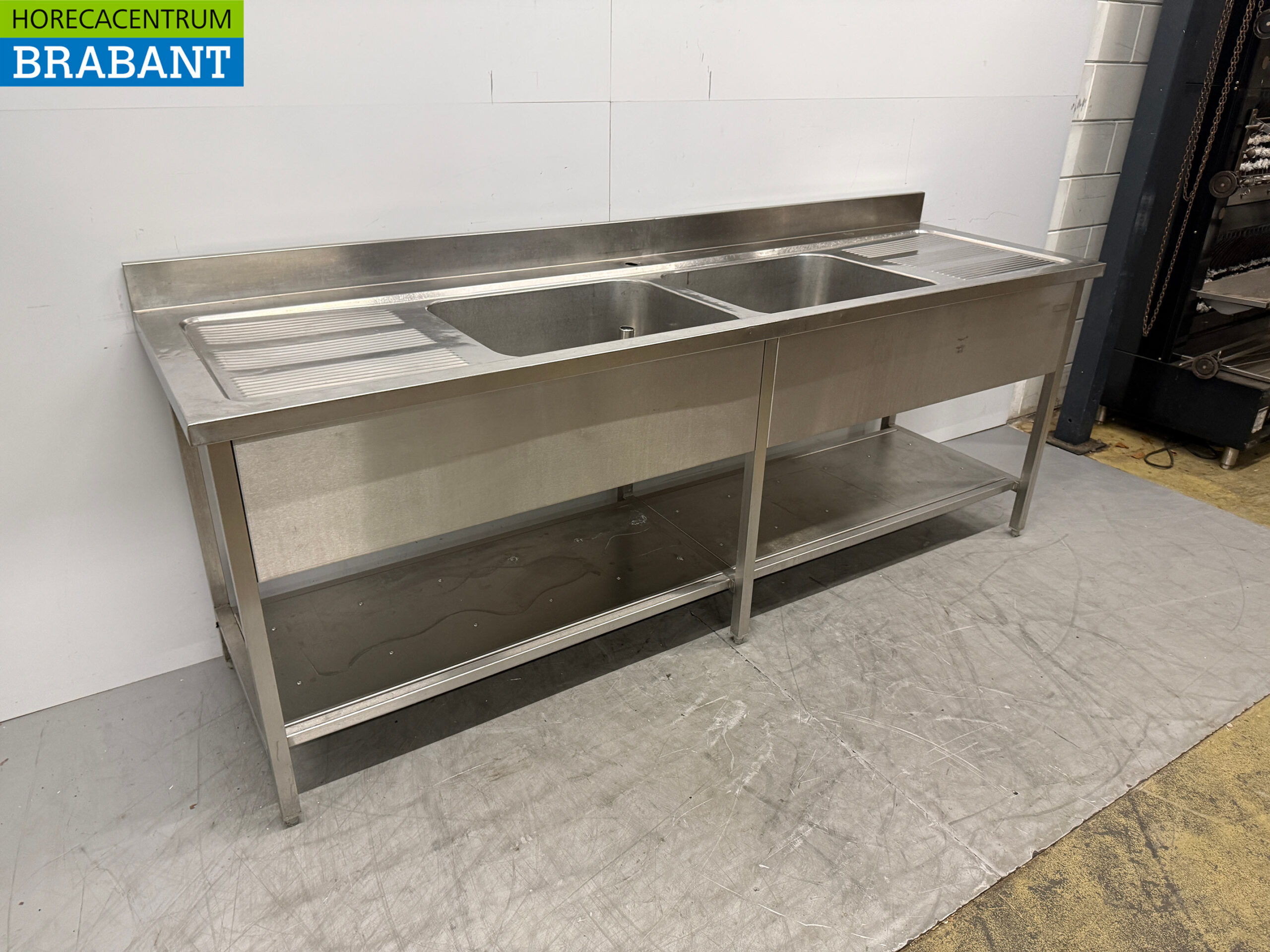 Table de rinçage en acier inoxydable Double évier avec étagère 240 x 70 x 91 cm Restauration – Image 3