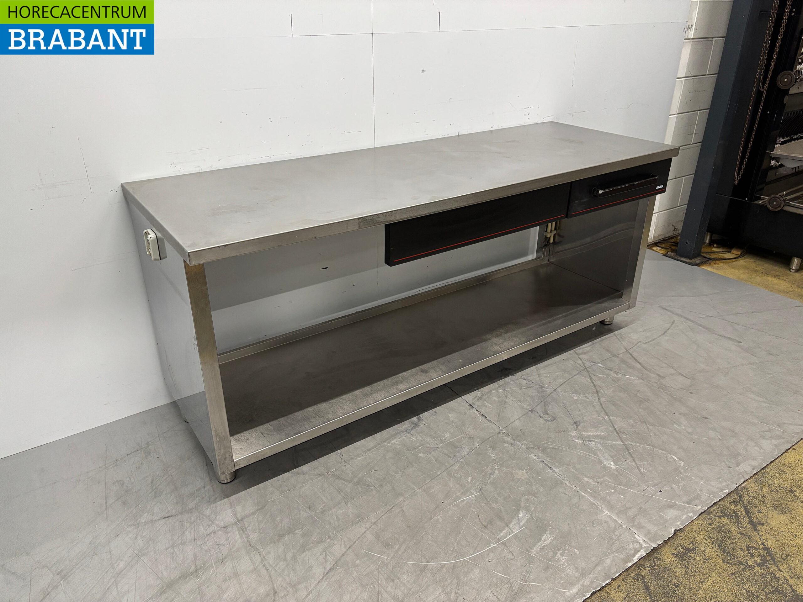 Table de travail en acier inoxydable avec étagère et 2 tiroirs 200 x 70 x 88 cm Restauration – Image 3