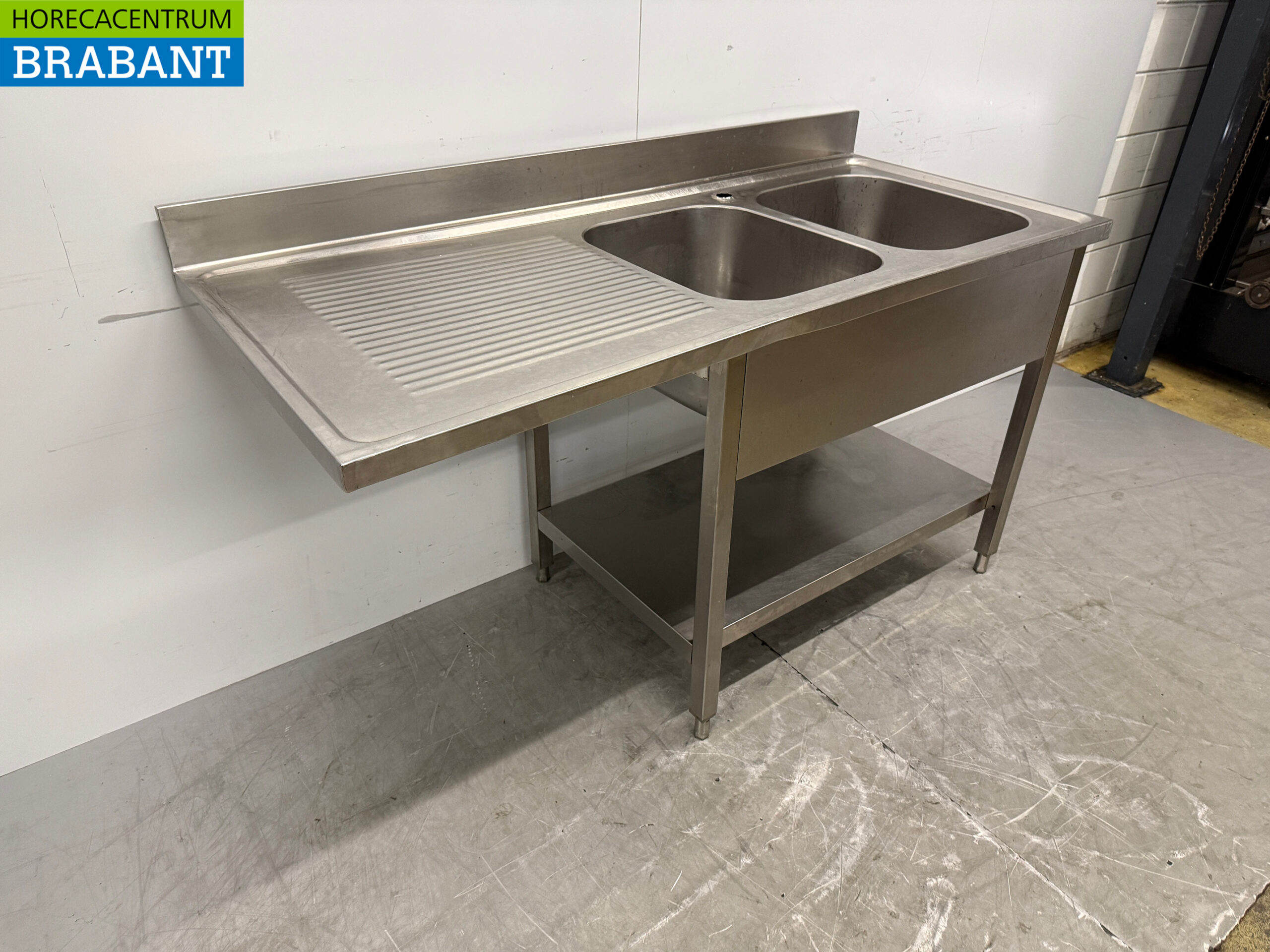 Table de rinçage en acier inoxydable Double évier 160 x 70 x 87,5 cm Restauration – Image 3