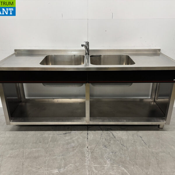 Évier en acier inoxydable à double cuve avec robinet, 200 x 70 x 88 cm, pour la restauration