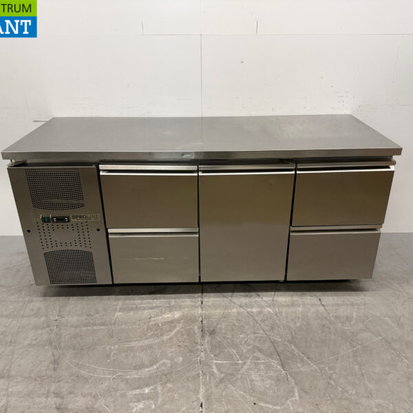Table de travail réfrigérée Pro Line en acier inoxydable, 1 porte et 4 tiroirs, 184 cm, 230 V, secteur de la restauration