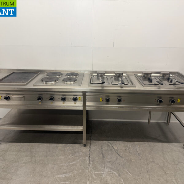 Plaque de cuisson Mareno en acier inoxydable, cuisinière électrique à 4 feux, 2 friteuses doubles de 4 × 12 litres, 289 cm, 4 × 400 V, secteur de la restauration