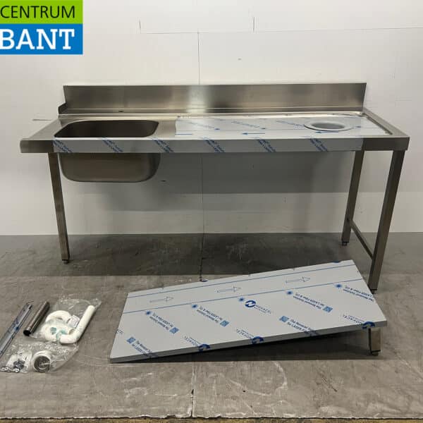 Table d'alimentation en acier inoxydable avec piètement, destinée à un lave-vaisselle à avancement continu de 180 cm, secteur de la restauration
