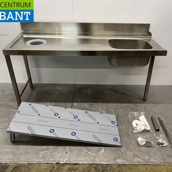 Table d'alimentation en acier inoxydable avec piètement, destinée à un lave-vaisselle à avancement continu de 180 cm, secteur de la restauration