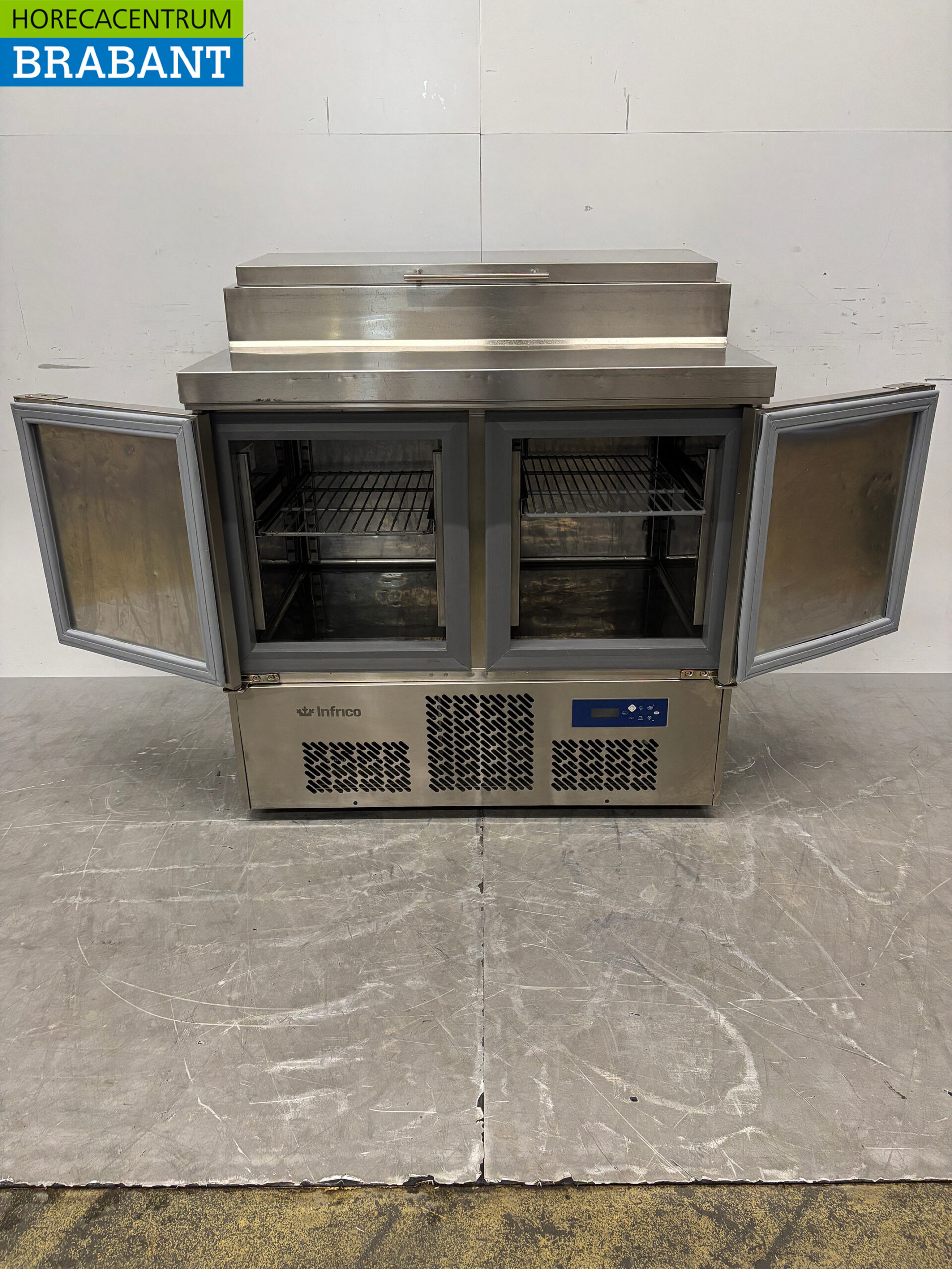 Table de travail réfrigérée « Saladette » Infrico en acier inoxydable, 2 portes, 98 cm, 230 V, pour la restauration – Image 4