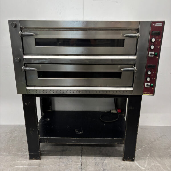 Four à pizza double « Diamond » en acier inoxydable avec piètement, 2 x 6 pizzas de 34 cm de diamètre, 400 V, pour la restauration