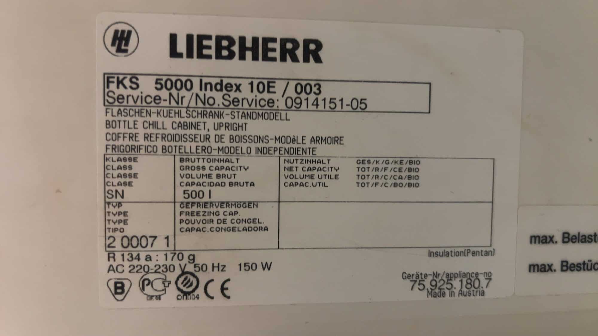 Liebherr FKS 5000 Index 10E/003 Réfrigérateur 500 litres 230 V pour la restauration
