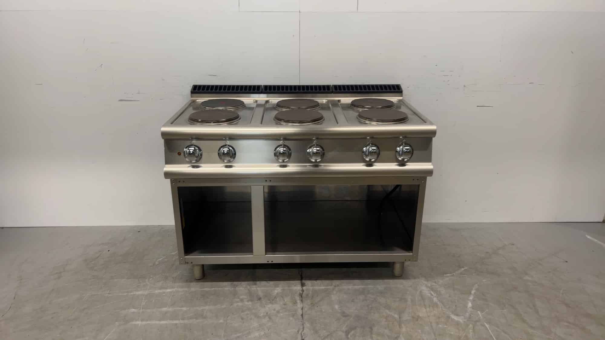 Cuisinière électrique en acier inoxydable Baron Q70PCV/E120 à 6 feux, 120 x 72 x 84,5 cm, 400 V, pour la restauration