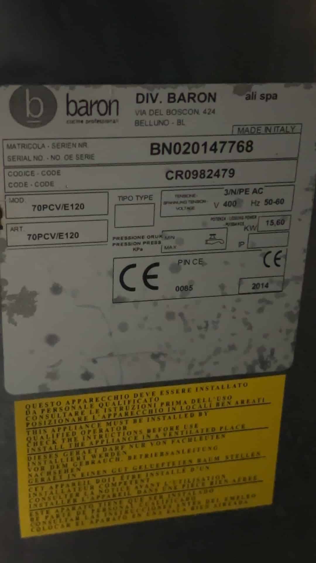 Cuisinière électrique en acier inoxydable Baron Q70PCV/E120 à 6 feux, 120 x 72 x 84,5 cm, 400 V, pour la restauration